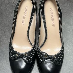 Madeline Black Leather Ballet Flats with Bow Trim